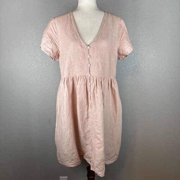 Madewell Linen Blend Alexandra Button-Front Mini Dress Size Medium M Pink Pocket - Picture 1 of 9